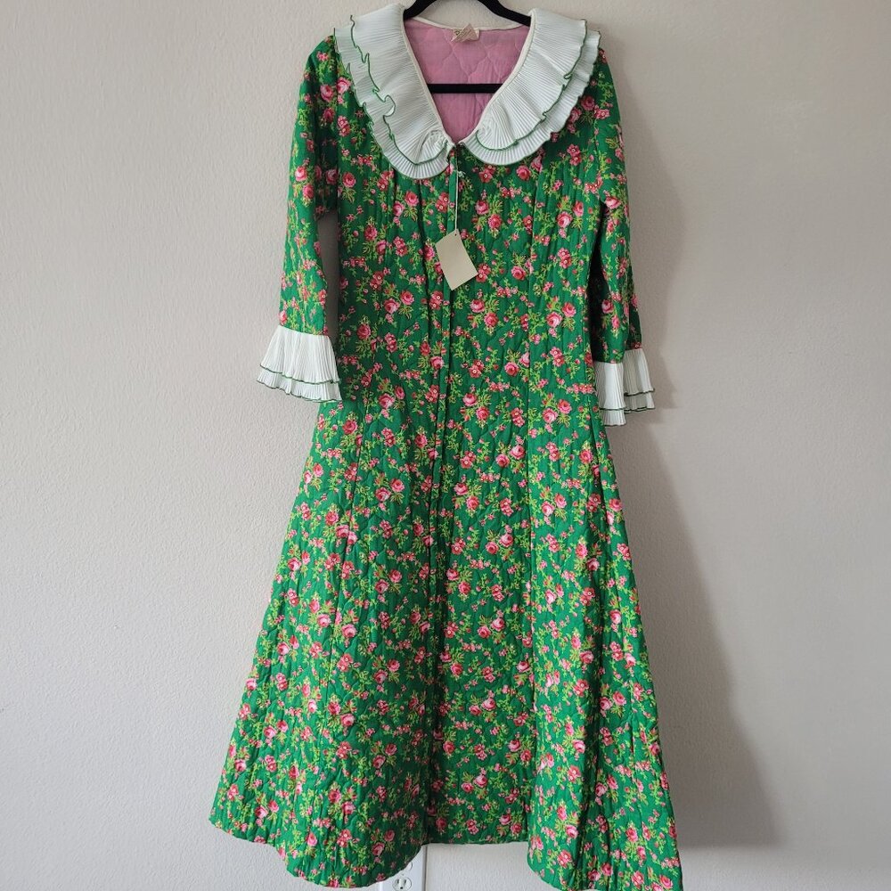 VINTAGE 1970s Barsarobe Multi Floral Print Quilted Dress Ruffle Deadstock Size M
